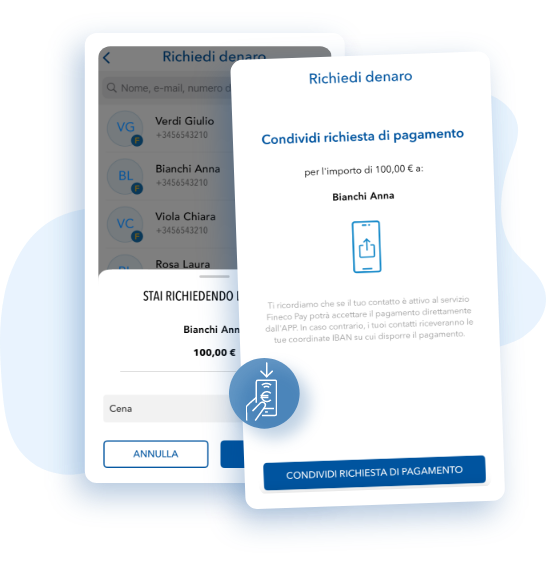 Schermata di Fineco App per creare un link di richiesta denaro