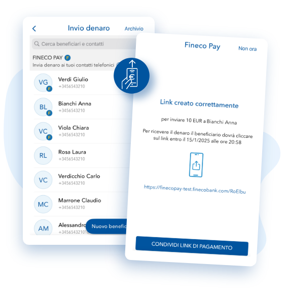 Schermata di Fineco App per inviare denaro a un contatto