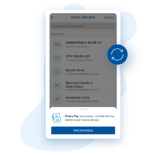 Schermata di Fineco App con la rubrica dei contatti