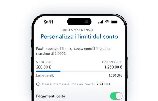 schermata di personalizzazione dei limiti del conto